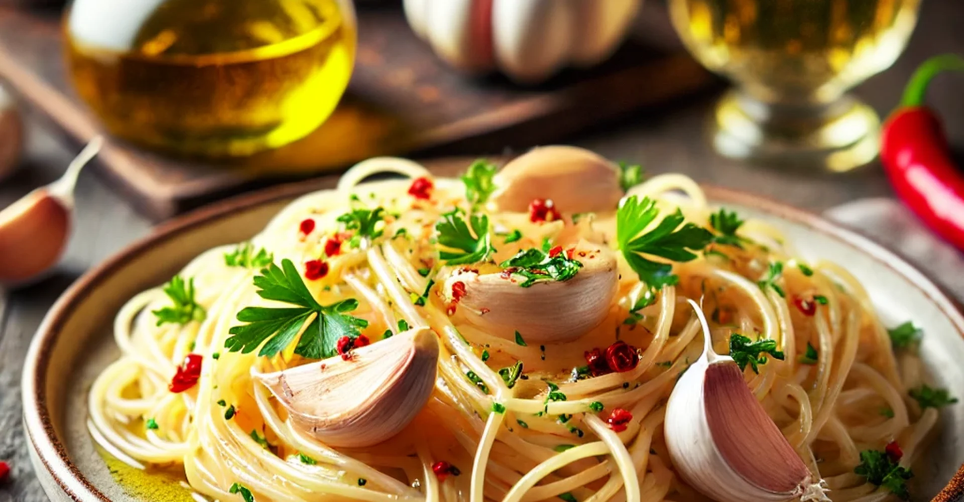 DALL·E 2024-11-11 16.54.23 - A close-up of a plate of spaghetti aglio e olio, with a generous drizzle of olive oil, glistening garlic slices, a sprinkle of red pepper flakes, and